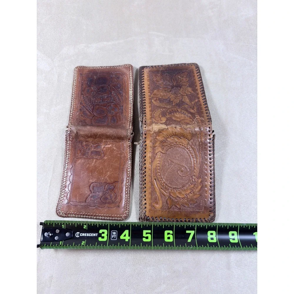 Vintage Hand Tooled Leather Wallet Set Mens Floral Western Bifold Whipstitch 2pc